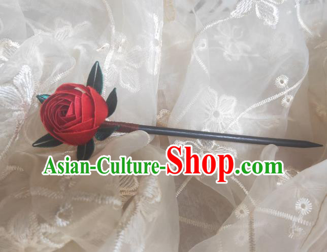Chinese Ancient Princess Wood Hairpins Hair Accessories Handmade Hanfu Red Silk Rose Hair Stick