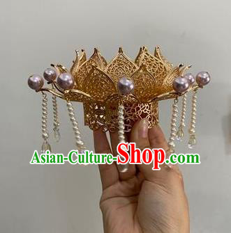 Chinese Ancient Princess Beads Tassel Hairpins Hair Accessories Women Handmade Hanfu Tang Dynasty Golden Lotus Hair Crown