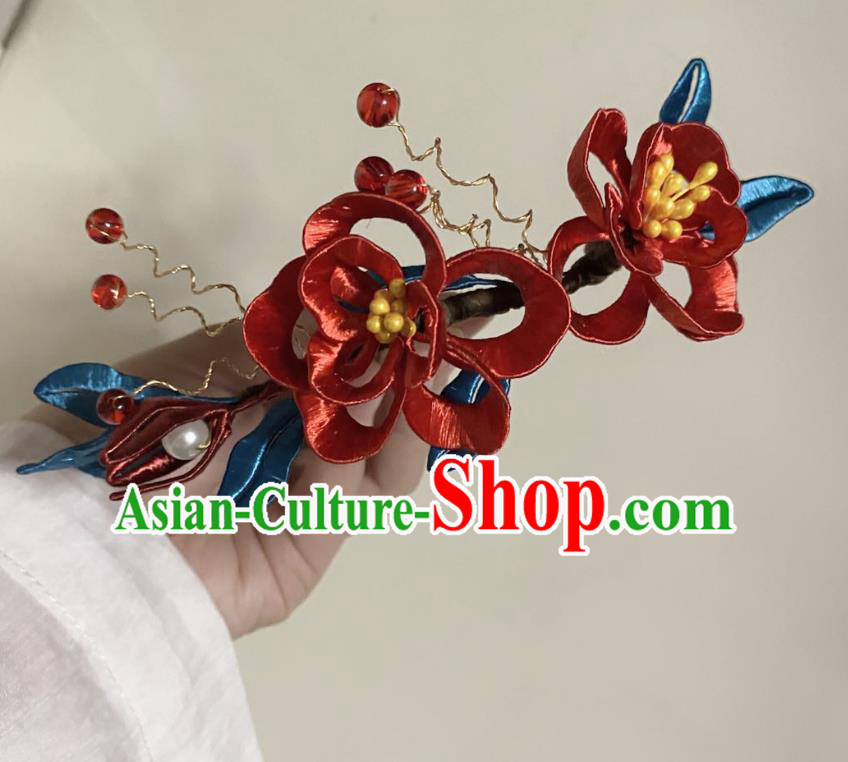 Chinese Ancient Princess Red Beads Hairpins Hair Accessories Handmade Hanfu Rose Flowers Hair Comb