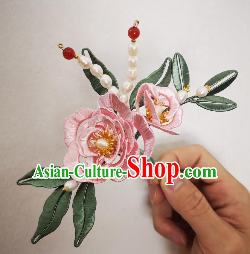 Chinese Ancient Princess Pearls Hairpins Hair Accessories Handmade Hanfu Pink Silk Rose Hair Comb