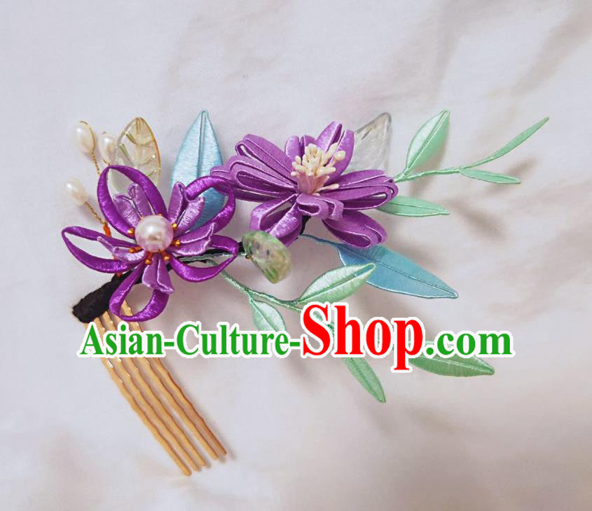 Chinese Ancient Princess Flowers Hairpins Hair Accessories Handmade Hanfu Purple Silk Epiphyllum Hair Comb