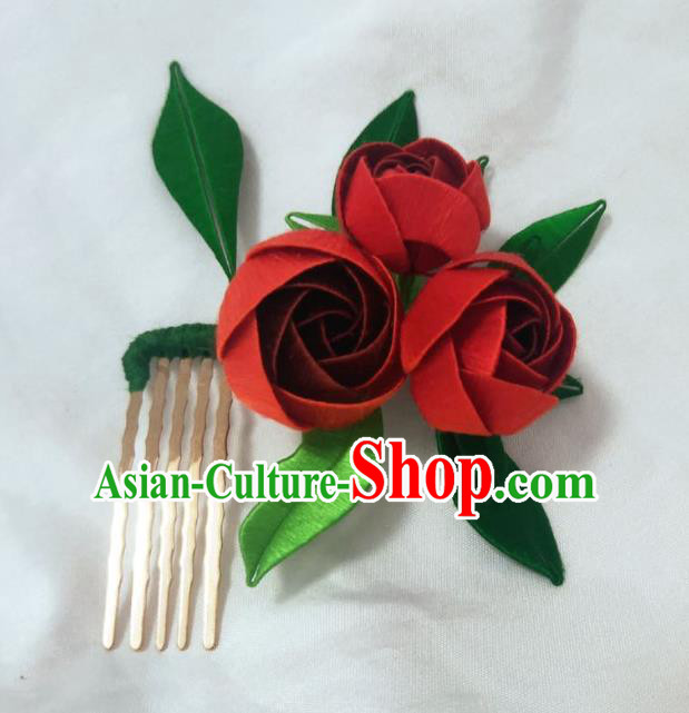 Chinese Ancient Princess Red Rose Hairpins Hair Accessories Handmade Hanfu Flowers Hair Comb