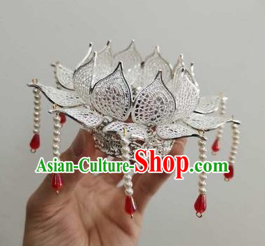 Chinese Ancient Princess Hairpins Hair Accessories Handmade Hanfu Tang Dynasty Imperial Concubine Argent Lotus Hair Crown