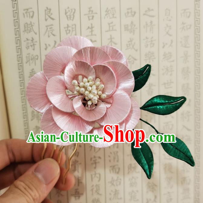 Chinese Ancient Princess Pink Camellia Hairpins Hair Accessories Handmade Hanfu Silk Flower Pearls Hair Stick