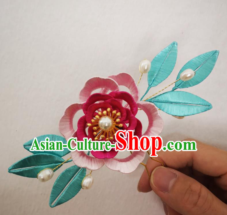 Chinese Ancient Princess Pink Silk Flowers Hairpins Hair Accessories Handmade Hanfu Rose Hair Clip