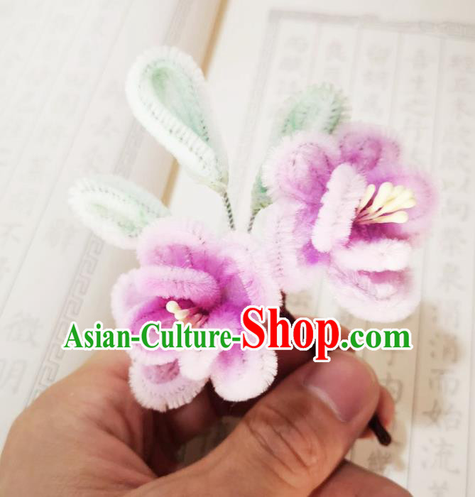Chinese Ancient Princess Velvet Flowers Hairpins Hair Accessories Handmade Qing Dynasty Pink Plum Hair Stick