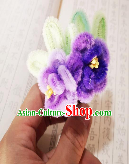 Chinese Ancient Princess Velvet Flowers Hairpins Hair Accessories Handmade Qing Dynasty Palace Lady Purple Plum Hair Stick