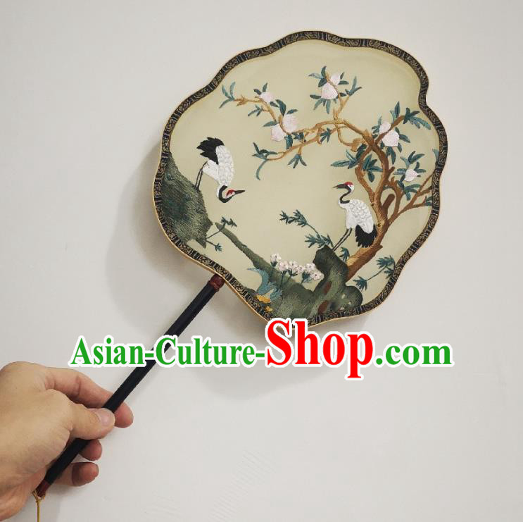 Chinese Classical Beige Silk Palace Fan Ancient Palace Lady Fans Accessories Song Dynasty Princess Painting Cranes Fans