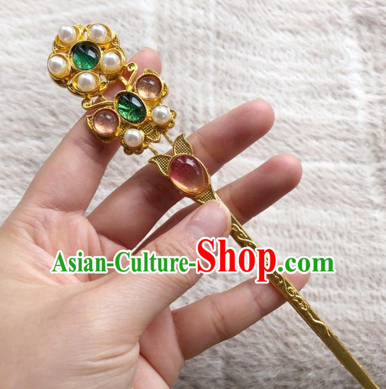 Chinese Ancient Empress Golden Pearl Hairpins Hair Accessories Handmade Ming Dynasty Court Chalcedony Hair Stick
