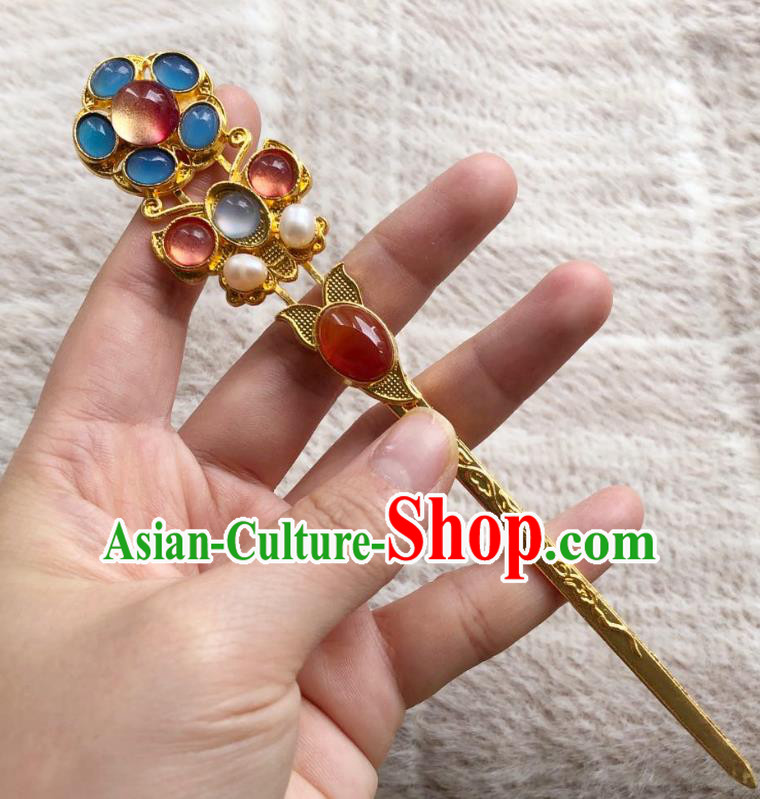 Chinese Ancient Empress Agate Hairpins Hair Accessories Handmade Ming Dynasty Court Aquamarine Golden Hair Stick