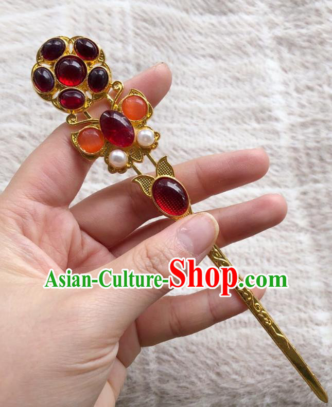 Chinese Ancient Empress Pearls Golden Hairpins Hair Accessories Handmade Ming Dynasty Court Garnet Hair Stick