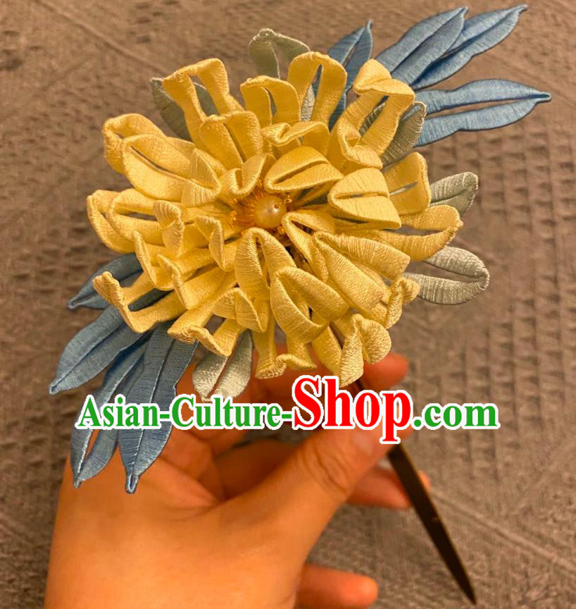 Chinese Ancient Palace Lady Hairpins Hair Accessories Handmade Tang Dynasty Yellow Silk Chrysanthemum Hair Stick