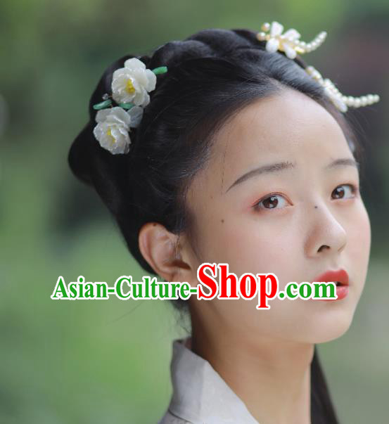 Chinese Ancient Princess White Camellia Hairpins Hair Accessories Handmade Ming Dynasty Shell Hair Sticks
