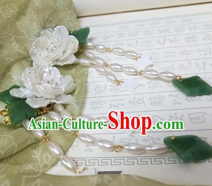 Chinese Ancient Princess White Camellia Hairpins Hair Accessories Handmade Ming Dynasty Shell Pearls Tassel Hair Sticks