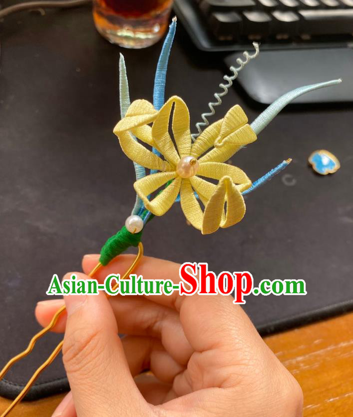 Chinese Ancient Court Lady Hairpins Hair Accessories Handmade Tang Dynasty Yellow Silk Flower Hair Stick