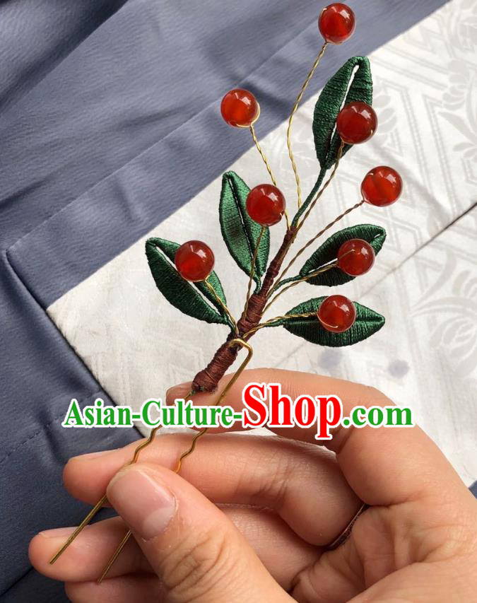 Chinese Ancient Court Lady Red Beads Hairpins Hair Accessories Handmade Tang Dynasty Silk Flower Hair Stick