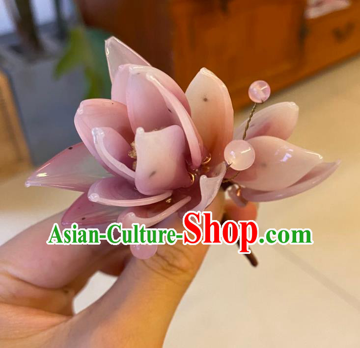 Chinese Ancient Court Lady Pink Flowers Hairpins Hair Accessories Handmade Song Dynasty Plastic Lotus Hair Stick