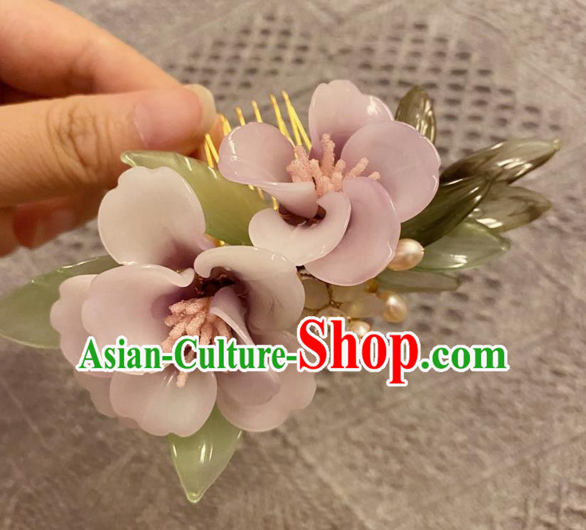 Chinese Ancient Court Lady Pink Azalea Hairpins Hair Accessories Handmade Song Dynasty Plastic Flowers Hair Comb