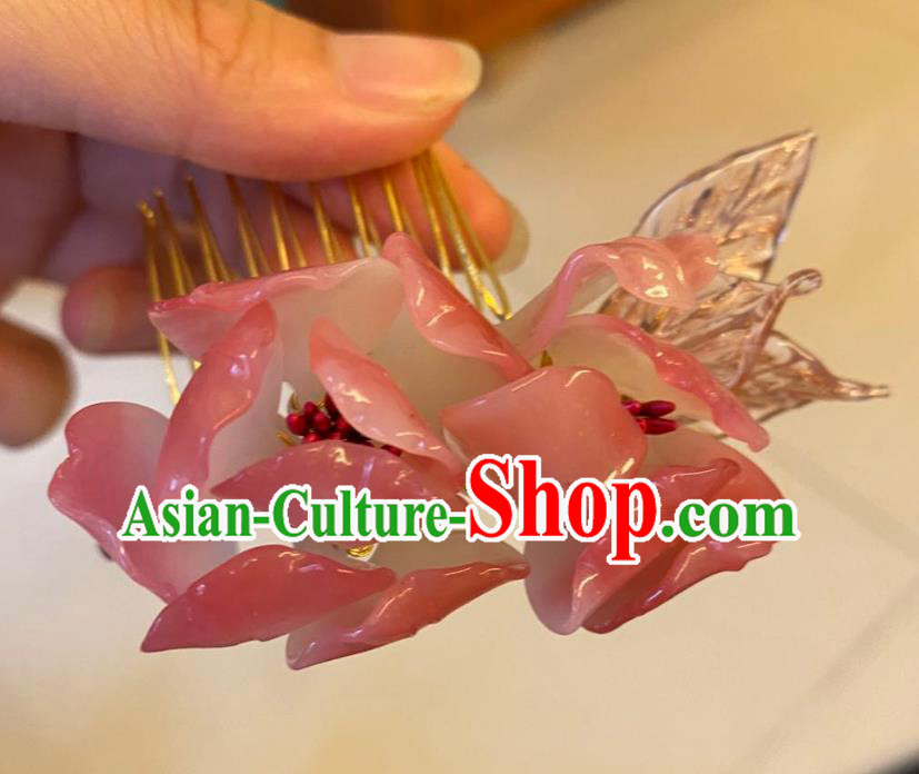 Chinese Ancient Court Lady Pink Hairpins Hair Accessories Handmade Song Dynasty Plastic Flowers Hair Comb