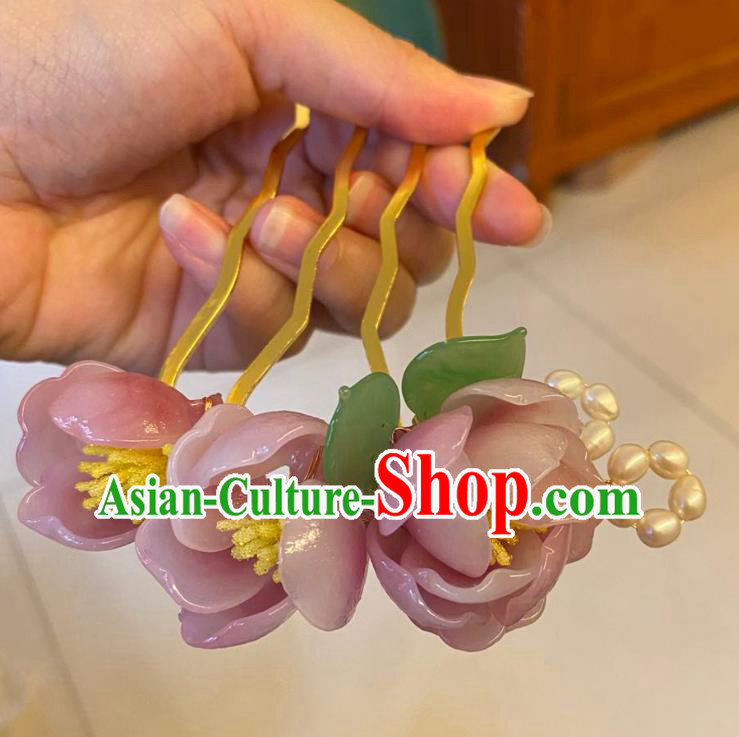 Chinese Ancient Palace Lady Pearls Hairpins Hair Accessories Handmade Pink Plastic Flowers Hair Comb