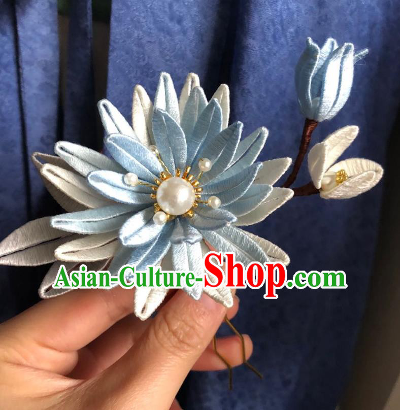 Chinese Ancient Court Lady Blue Silk Chrysanthemum Hairpins Hair Accessories Handmade Tang Dynasty Hair Stick