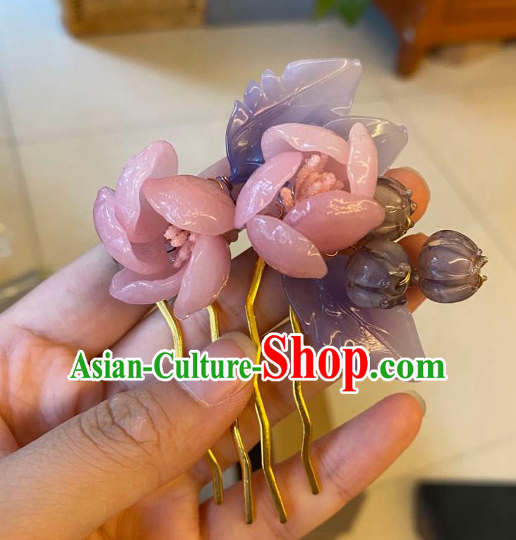 Chinese Ancient Palace Lady Pink Azalea Hairpins Hair Accessories Handmade Plastic Flowers Hair Comb