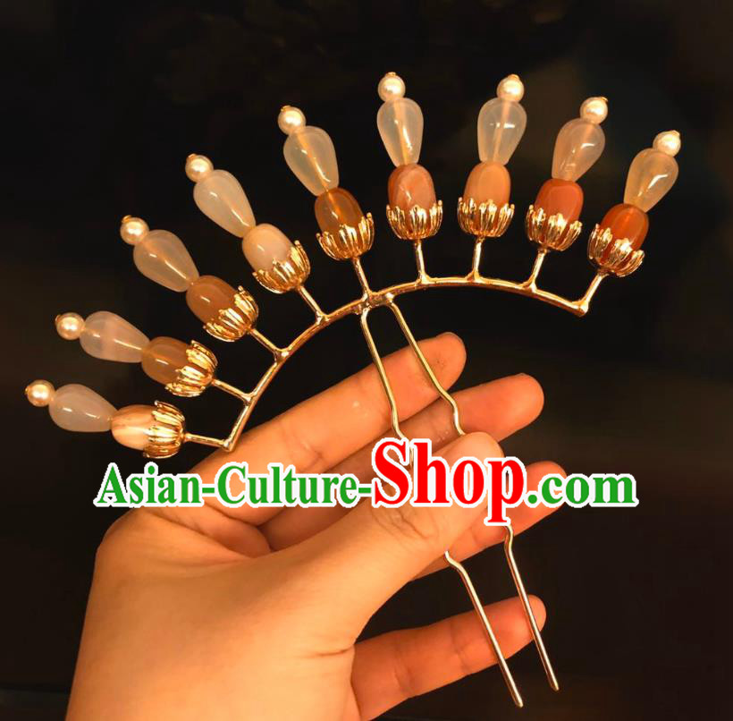Chinese Ancient Court Empress Agate Hairpins Hair Accessories Handmade Ming Dynasty Palace Hair Stick