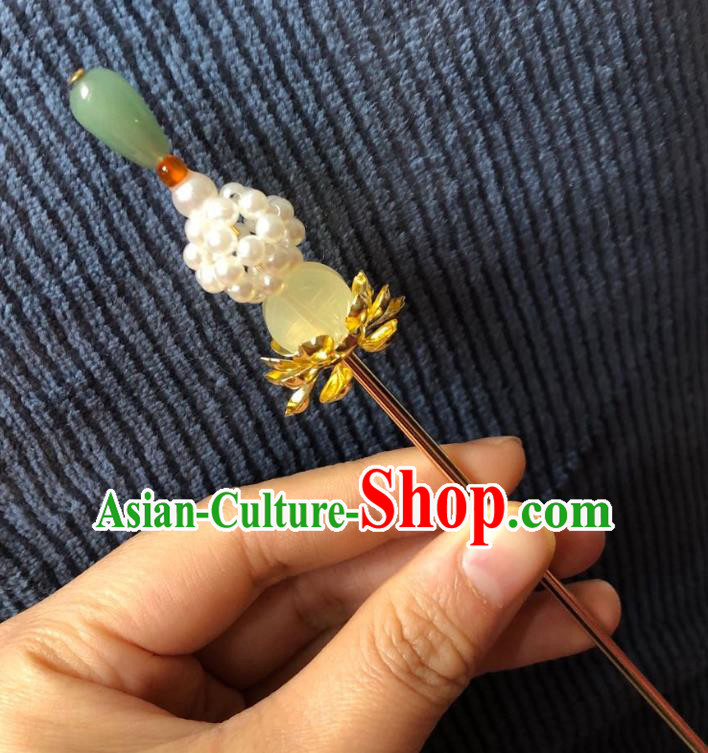 Chinese Ancient Palace Empress Pearls Hairpins Hair Accessories Handmade Ming Dynasty Court Aventurine Hair Stick