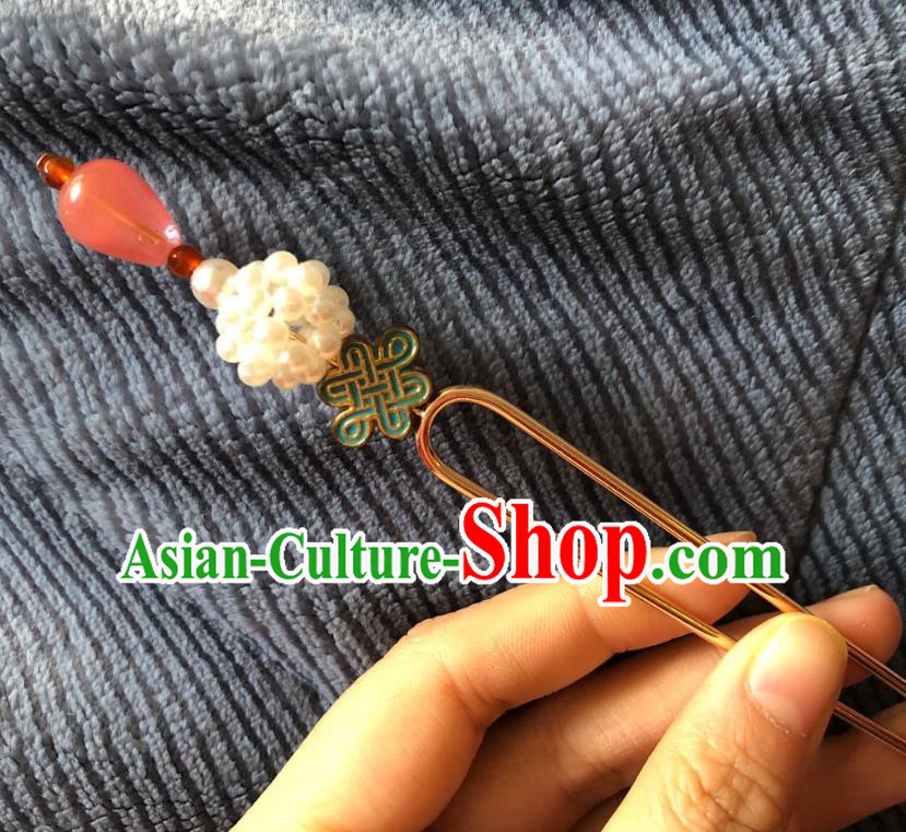 Chinese Ancient Palace Empress Agate Hairpins Hair Accessories Handmade Ming Dynasty Court Pearls Hair Stick