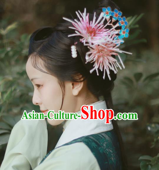 Chinese Ancient Palace Princess Flower Hairpins Hair Accessories Handmade Ming Dynasty Court Pink Chrysanthemum Hair Stick