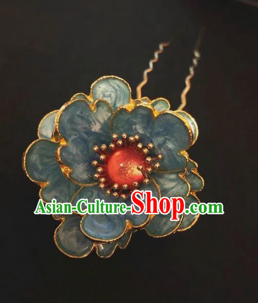Chinese Ancient Imperial Concubine Blue Peony Hairpins Hair Accessories Handmade Ming Dynasty Court Hair Stick