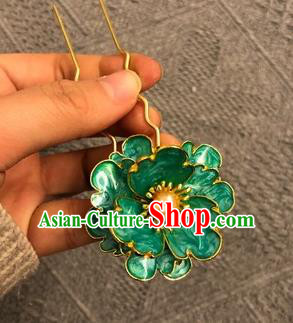Chinese Ancient Imperial Concubine Green Peony Hairpins Hair Accessories Handmade Ming Dynasty Court Pearl Hair Stick