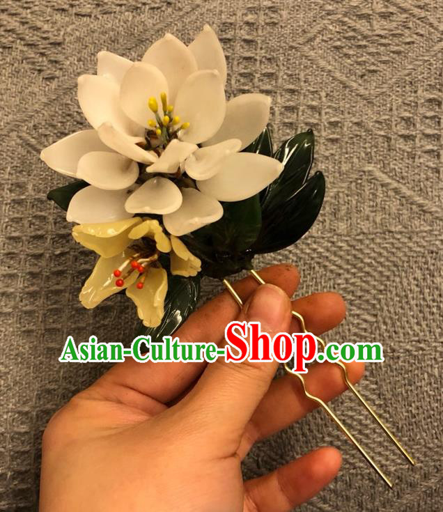 Chinese Ancient Palace Lady White Mangnolia Flowers Hairpins Hair Accessories Handmade Plastic Yulan Magnolia Hair Stick