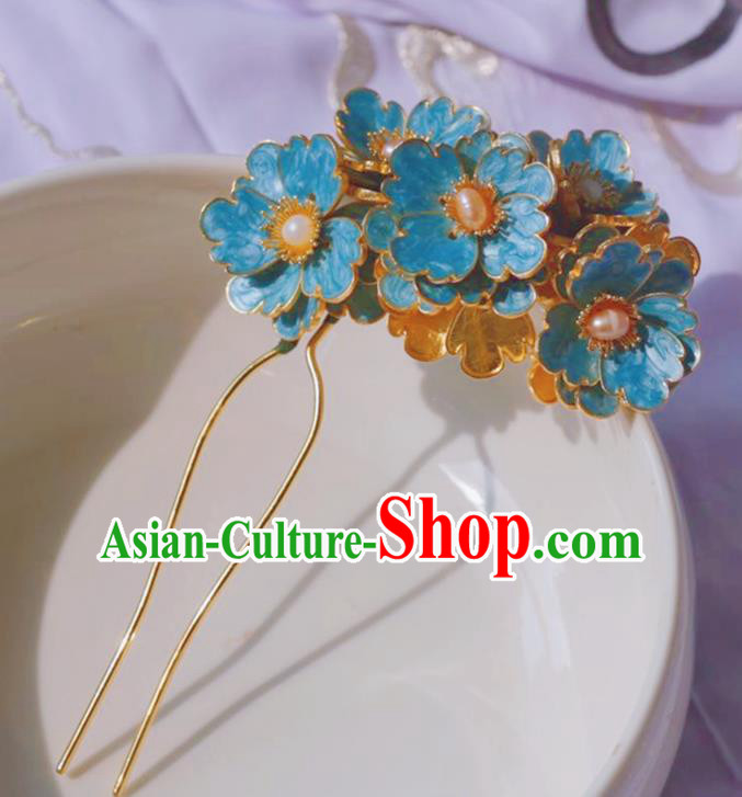 Chinese Ancient Princess Pearls Hairpins Hair Accessories Handmade Ming Dynasty Blueing Plum Flowers Hair Stick