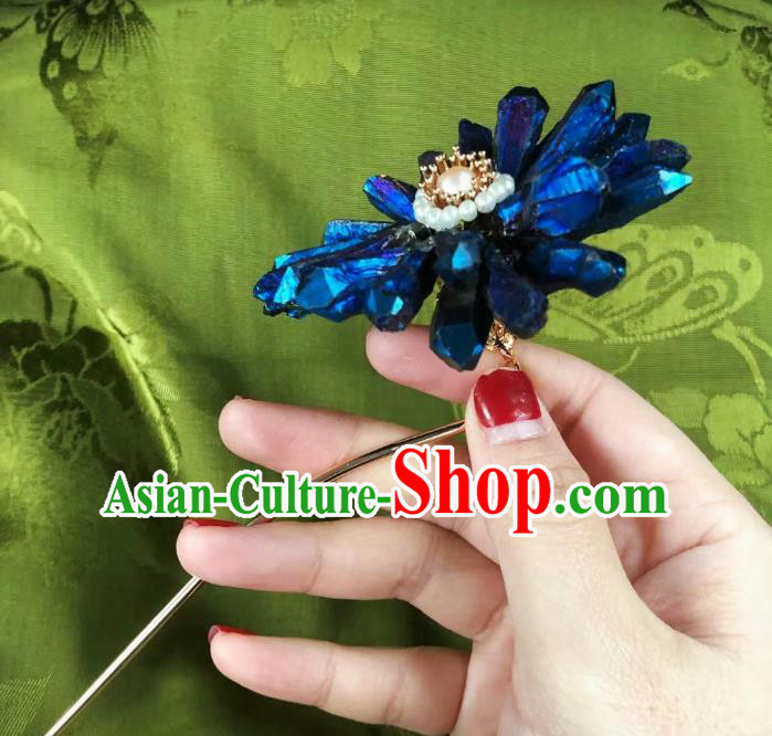 Chinese Ancient Princess Deep Blue Chrysanthemum Hairpins Hair Accessories Handmade Ming Dynasty Lapis Pearl Hair Stick
