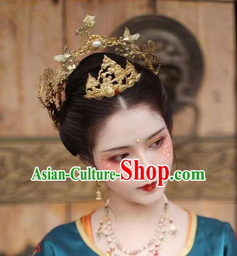 Chinese Ancient Princess Golden Phoenix Coronet Hairpins Hair Accessories Handmade Tang Dynasty Palace Hair Crown