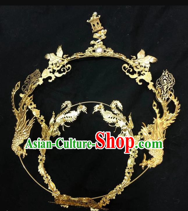 Chinese Ancient Princess Golden Phoenix Coronet Hairpins Hair Accessories Handmade Tang Dynasty Palace Hair Crown