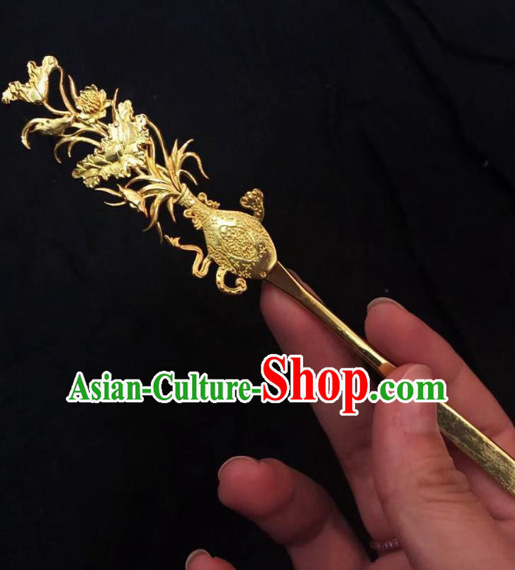 Chinese Ancient Empress Golden Orchid Hairpins Hair Accessories Handmade Ming Dynasty Palace Hair Stick