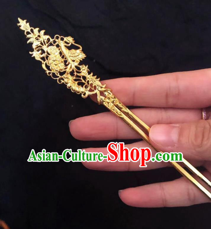 Chinese Ancient Empress Golden Phoenix Hairpins Hair Accessories Handmade Ming Dynasty Palace Hair Stick