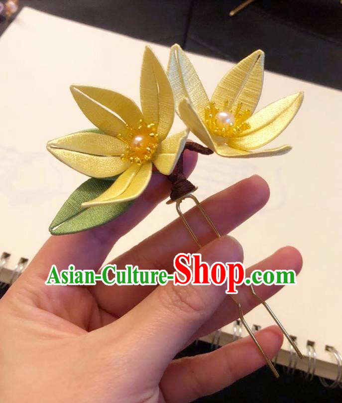 Chinese Ancient Court Lady Yellow Silk Flowers Hairpins Hair Accessories Handmade Tang Dynasty Hair Stick