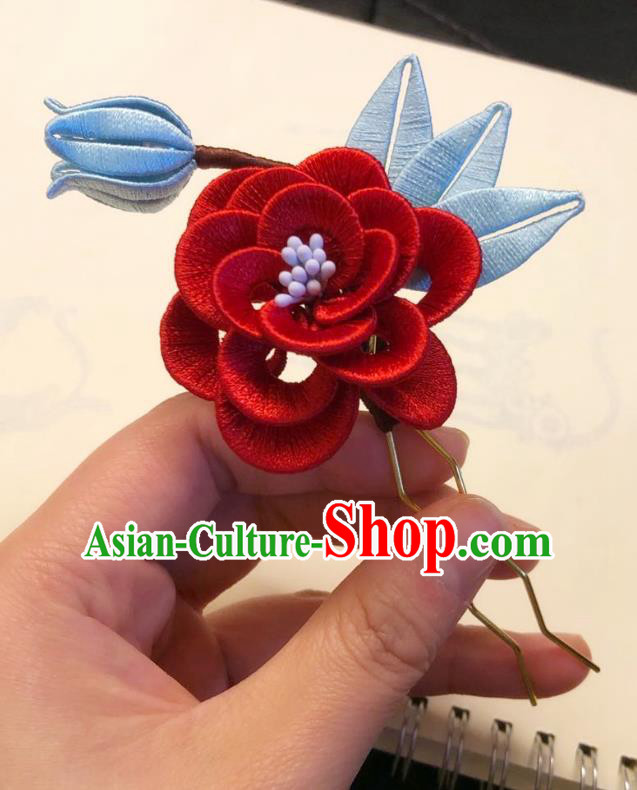Chinese Ancient Court Lady Red Silk Camellia Hairpins Hair Accessories Handmade Tang Dynasty Blossom Hair Stick