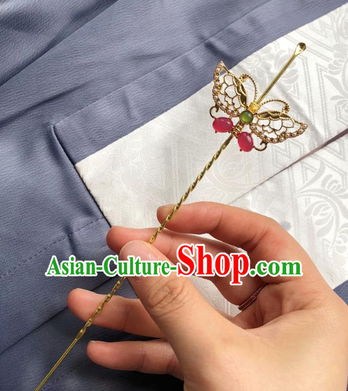 Chinese Ancient Palace Lady Pearls Butterfly Hairpins Hair Accessories Handmade Ming Dynasty Queen Gems Golden Curette Hair Stick