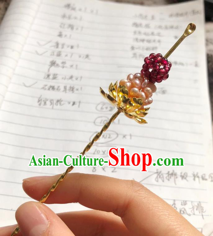 Chinese Ancient Palace Lady Pearls Hairpins Hair Accessories Handmade Ming Dynasty Queen Golden Lotus Curette Hair Stick