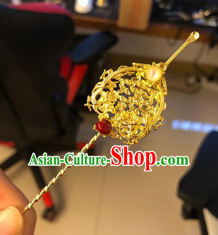 Chinese Ancient Palace Corallite Hairpins Hair Accessories Handmade Ming Dynasty Queen Golden Dragon Curette Hair Stick