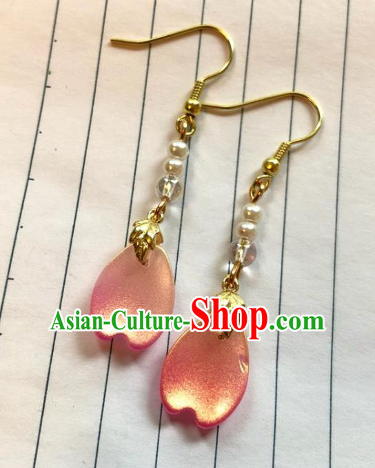 Handmade Chinese Classical Pink Petal Eardrop Ear Accessories Ancient Ming Dynasty Princess Hanfu Earrings