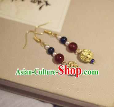 Handmade Chinese Classical Golden Eardrop Ear Accessories Ancient Ming Dynasty Princess Hanfu Garnet Earrings