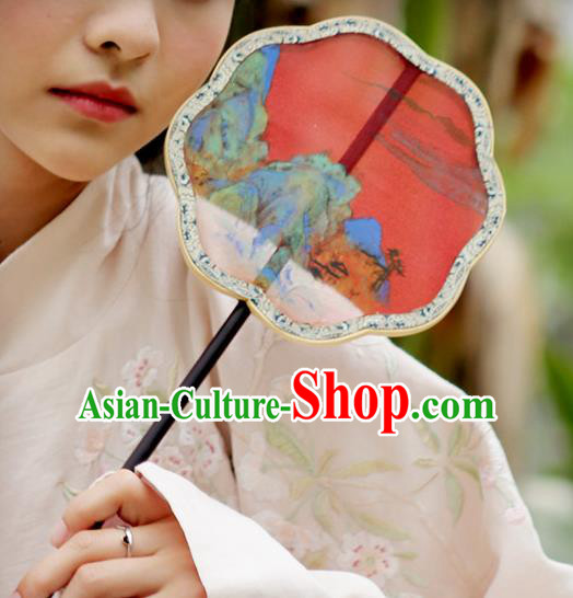 Chinese Classical Landscape Painting Red Silk Fans Handmade Fan Ancient Ming Dynasty Princess Hanfu Palace Fan