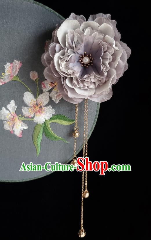 Chinese Ancient Empress Purple Silk Peony Hairpins Hair Accessories Handmade Hanfu Golden Tassel Hair Stick