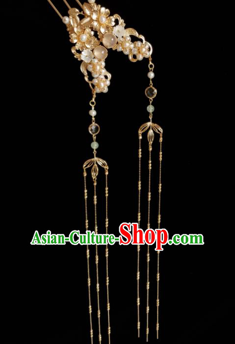 Chinese Ancient Empress Chalcedony Pearls Hairpins Hair Accessories Handmade Ming Dynasty Hanfu Golden Tassel Hair Stick