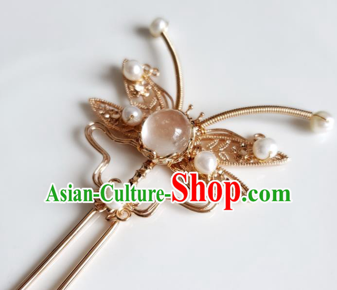 Chinese Ancient Royal Princess Albite Hairpins Hair Accessories Handmade Ming Dynasty Hanfu Golden Dragonfly Hair Stick